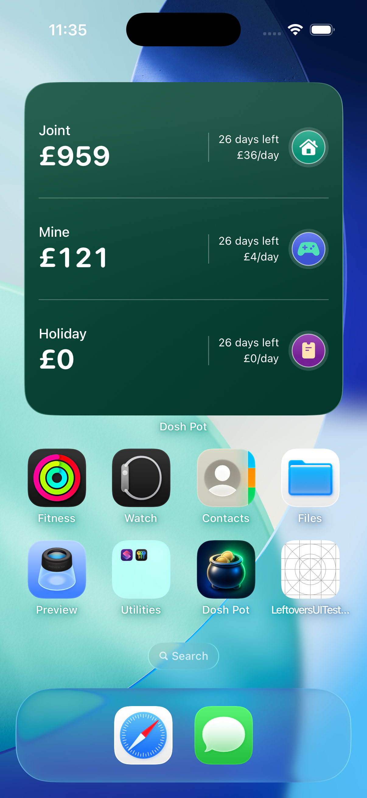 Dosh Pot Home Screen widget showing Joint, Mine, and Holiday pots with amounts available and daily allowances