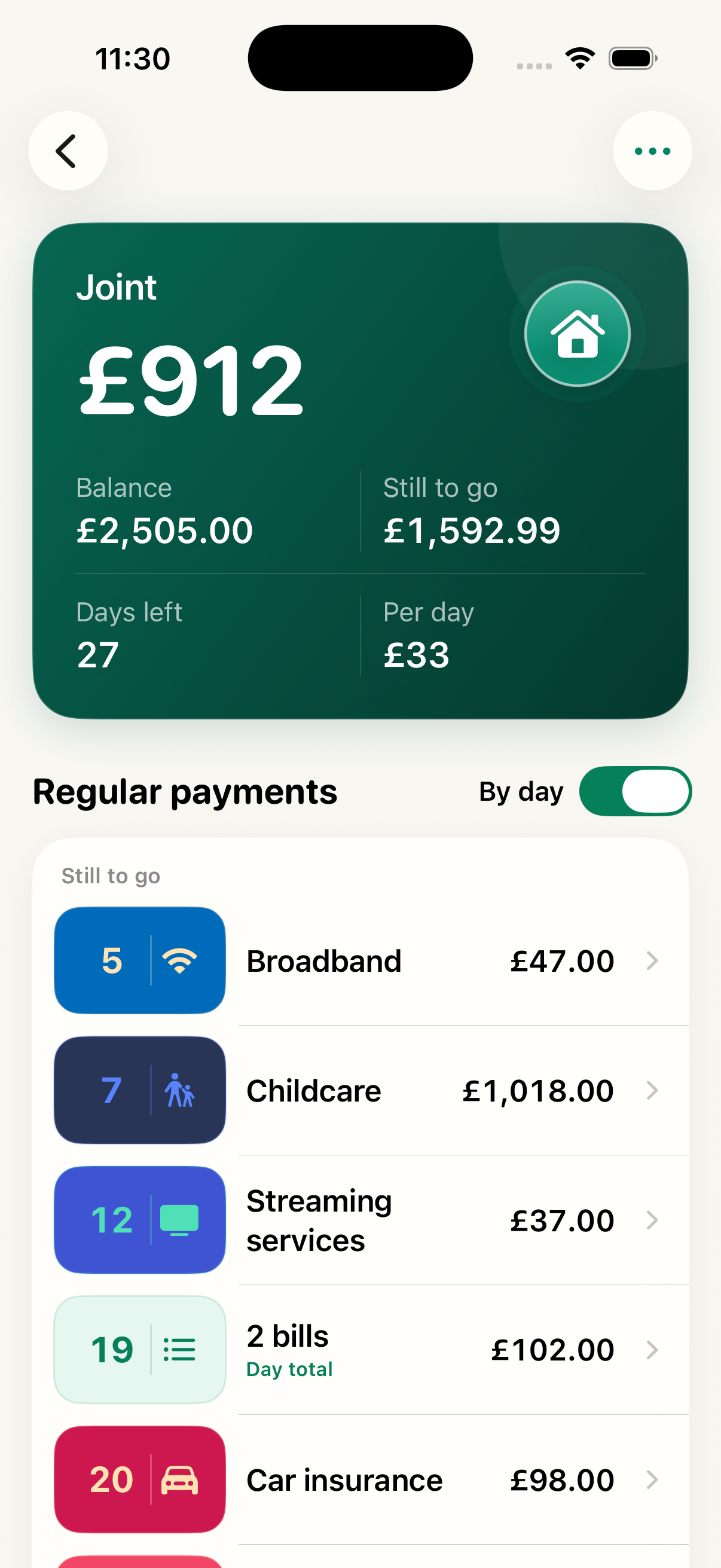 Real Dosh Pot Joint pot showing £912.01 available and payments grouped by day