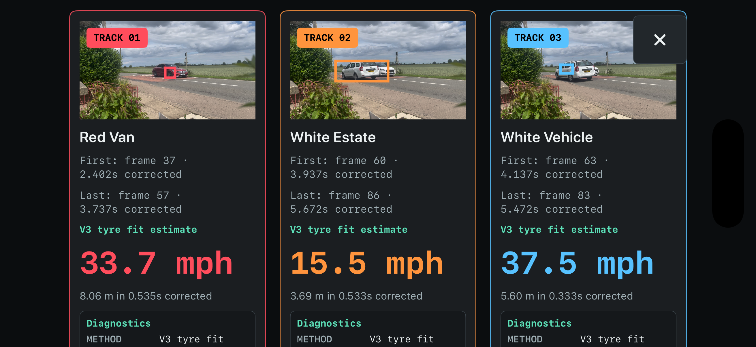 Road Speed Calibrator showing three tracked vehicles with frame timing, distance and estimated speed results