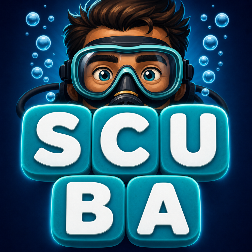ScubaWord app icon showing a scuba diver behind letter tiles