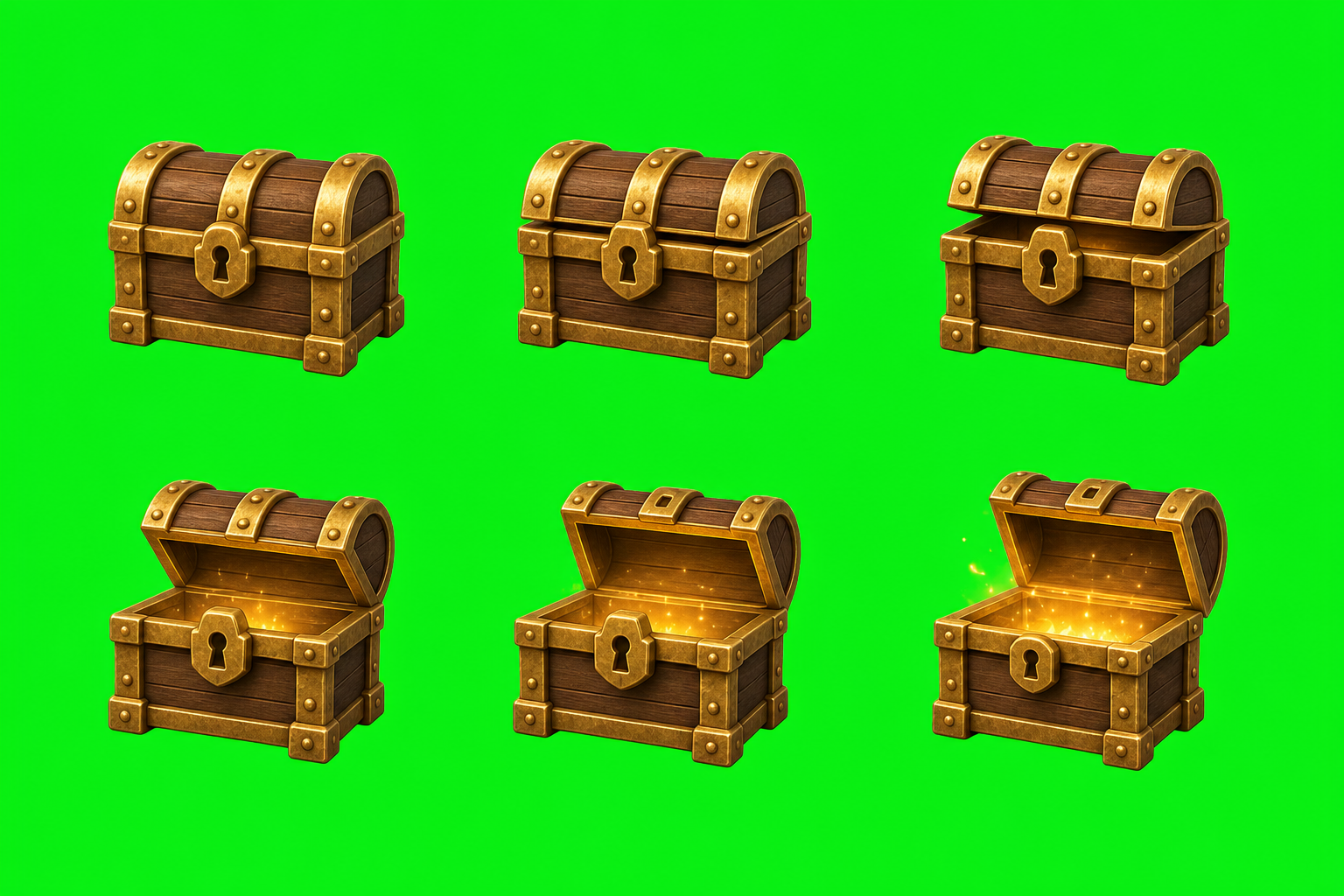 Six stages of a wooden treasure chest opening on a keyed background