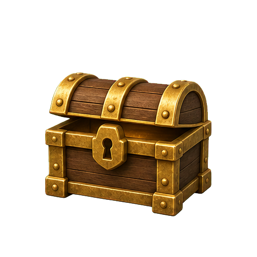 Treasure chest with its lid partly open on a transparent background