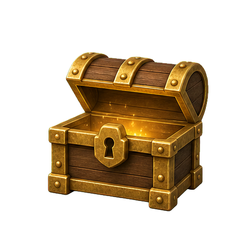 Treasure chest with its lid more than halfway open on a transparent background