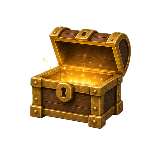 Fully open treasure chest with a bright golden glow