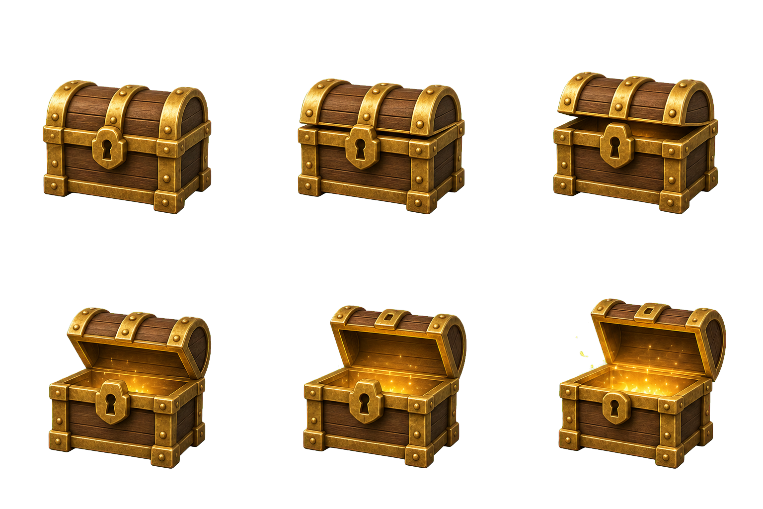 Transparent sprite sheet showing six aligned treasure chest states