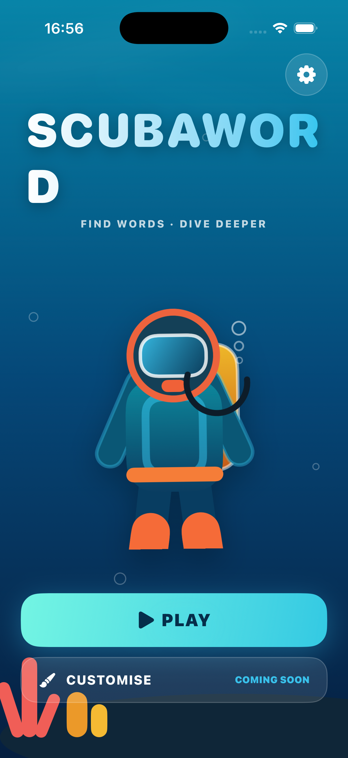 Early underwater mobile home screen with a simple illustrated diver