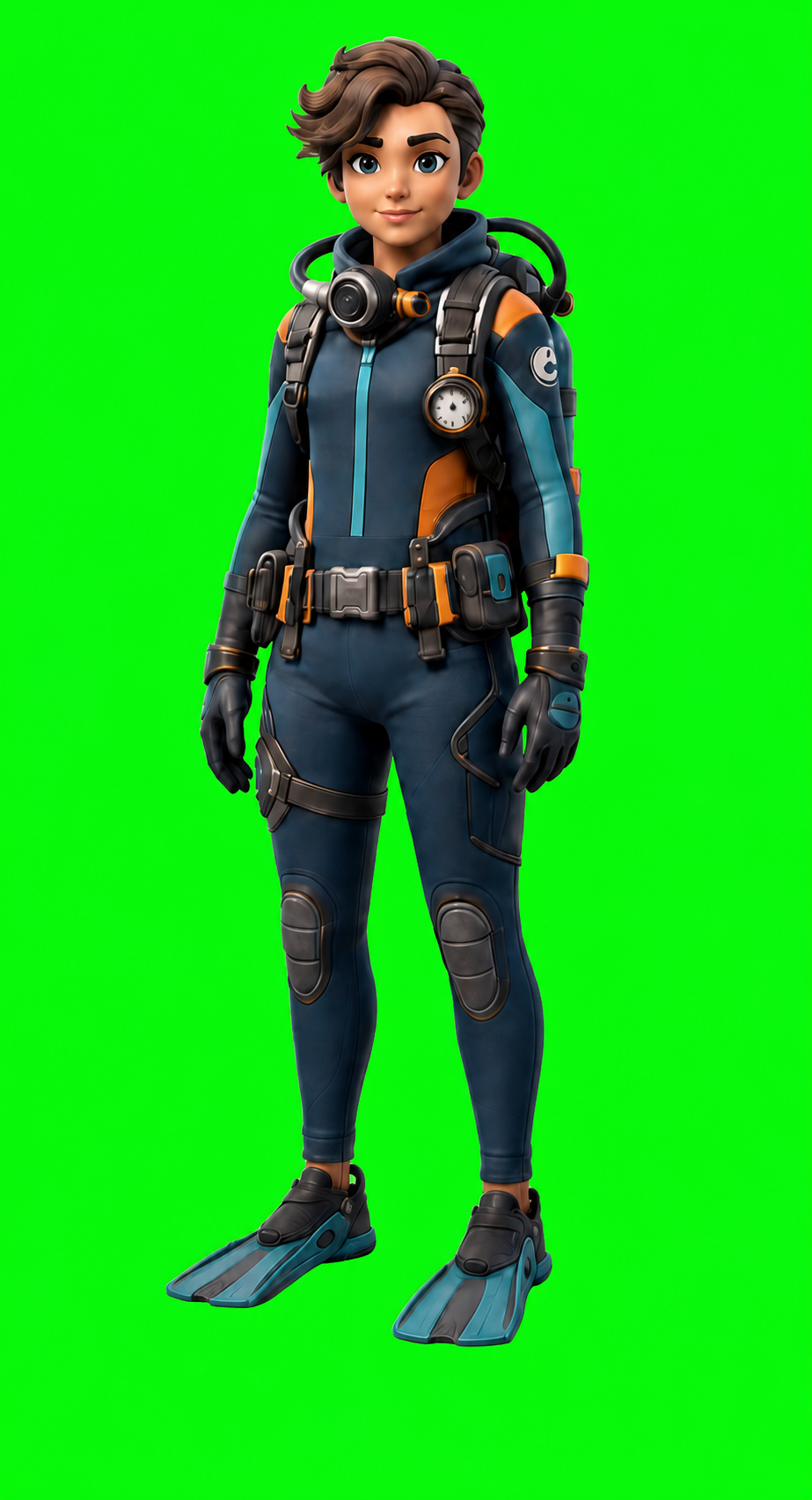 Stylized young diver isolated against a bright green keyed background