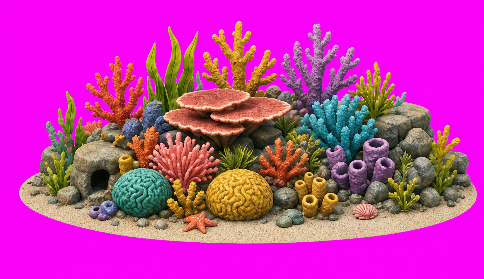 Colourful coral reef isolated against a bright magenta keyed background