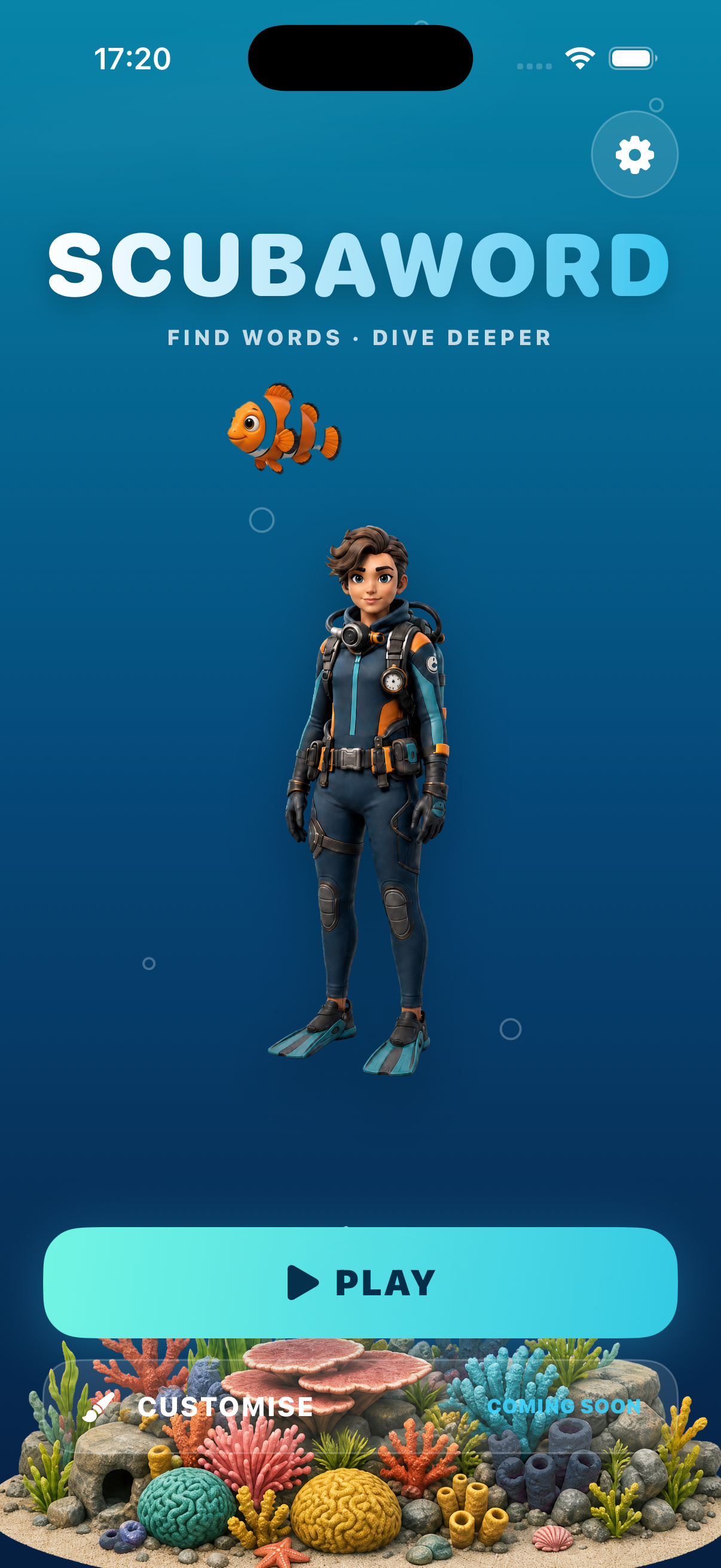 Settled underwater home screen with approved character fish and reef artwork
