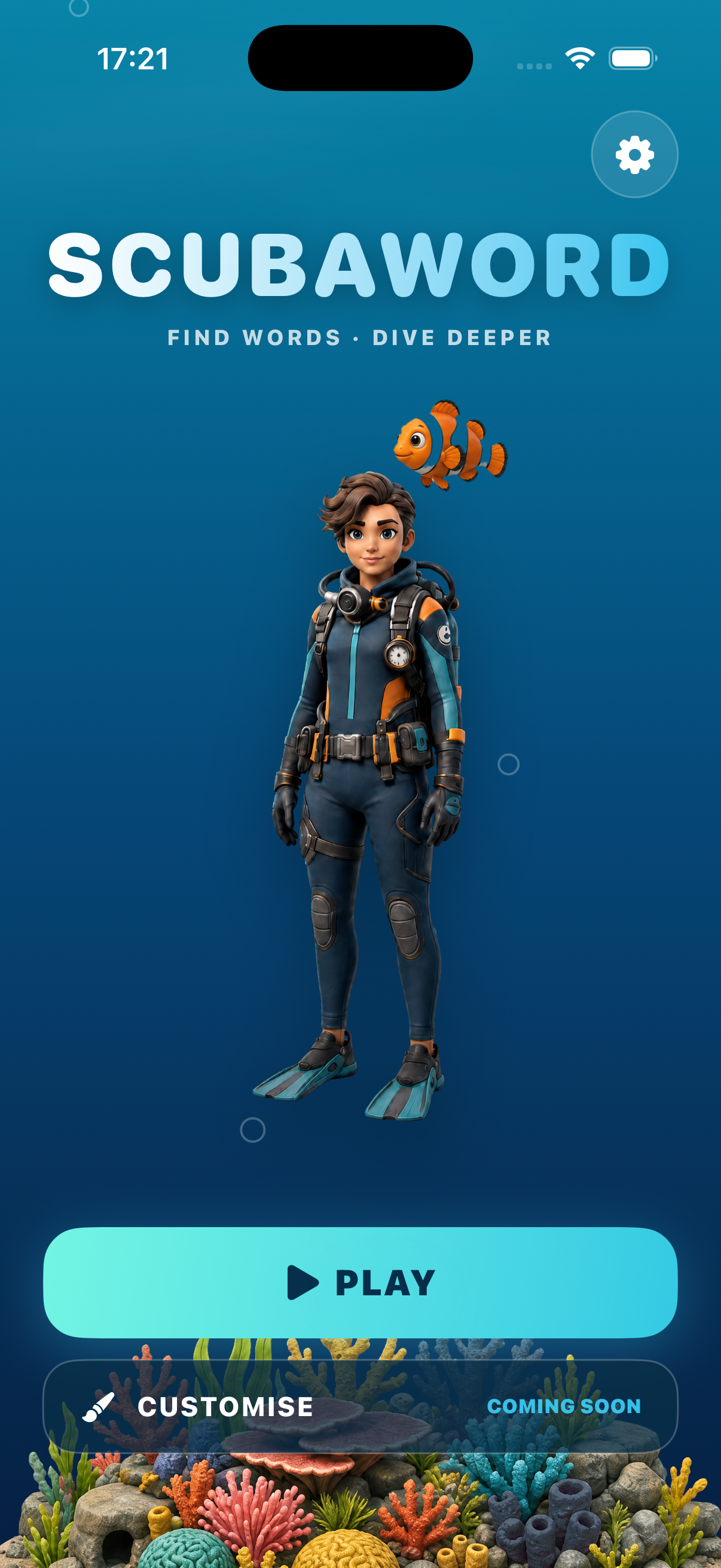 Refined underwater home screen with approved art and clearer primary action spacing
