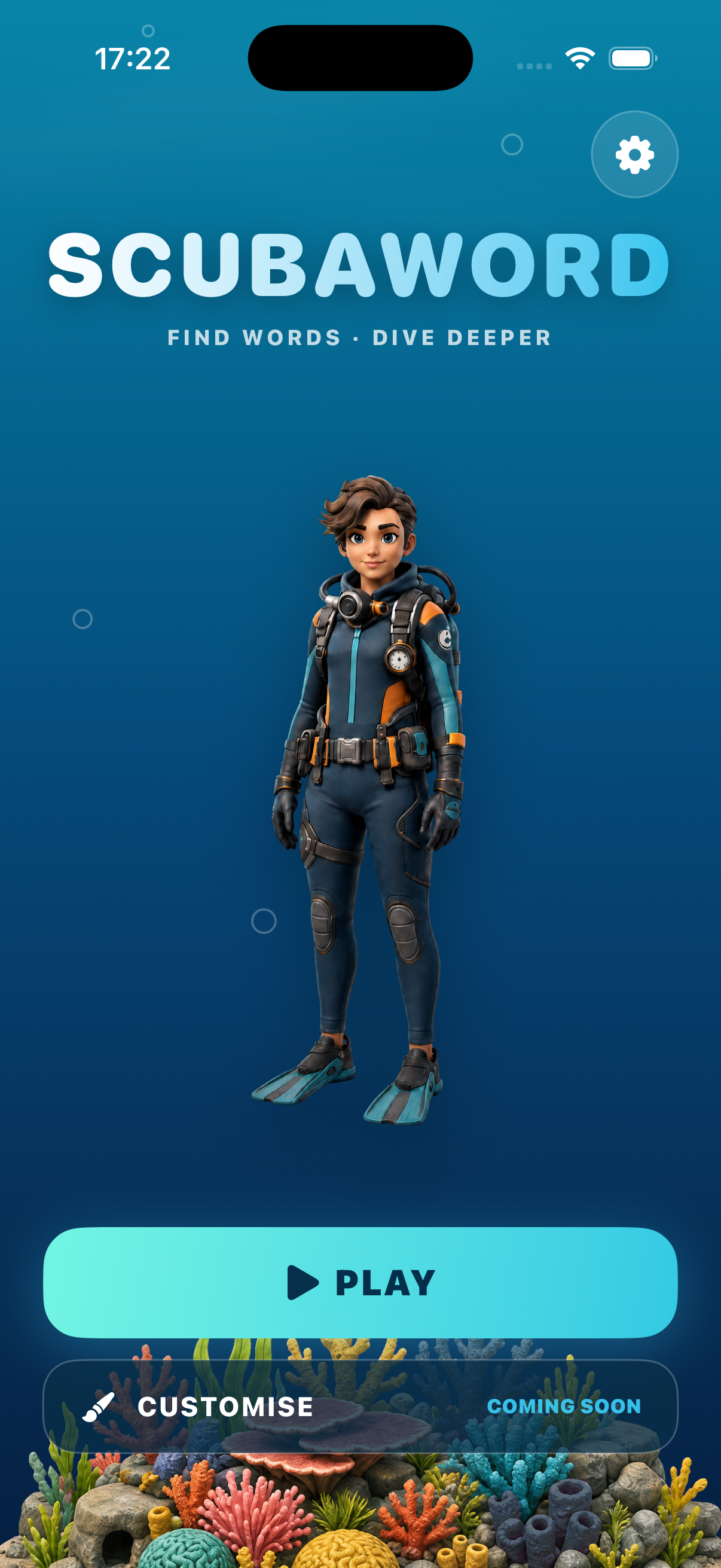 Settled refined underwater home screen with diver fish reef and actions