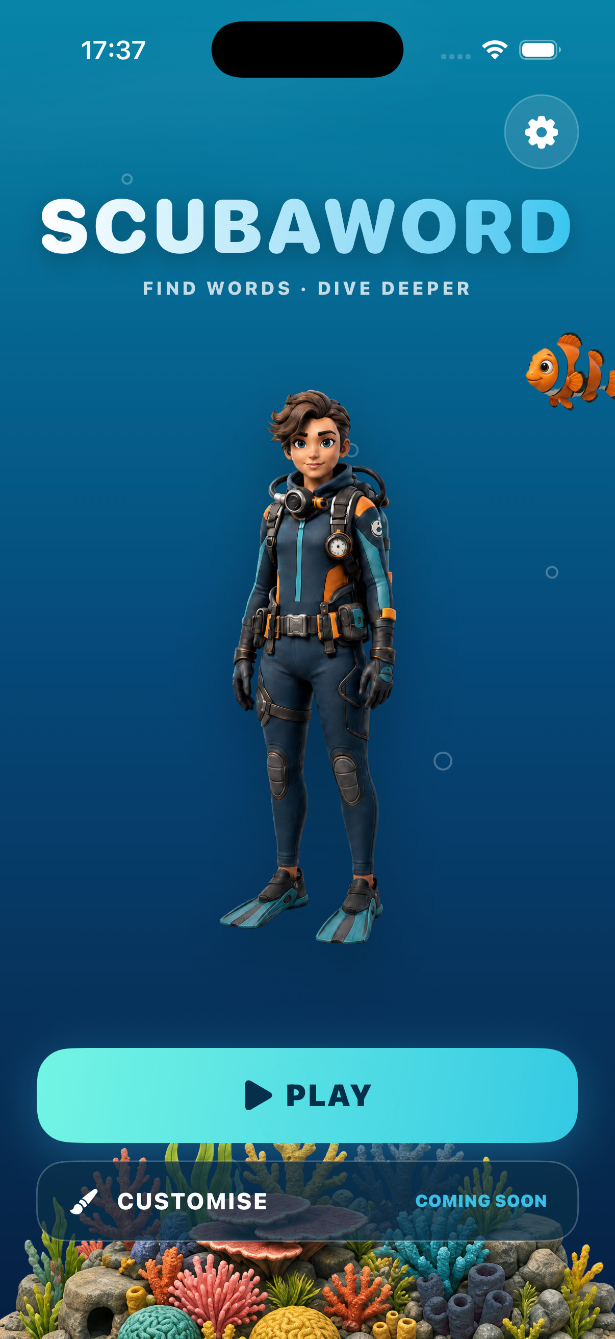 Underwater home screen with the fish farther left along its route