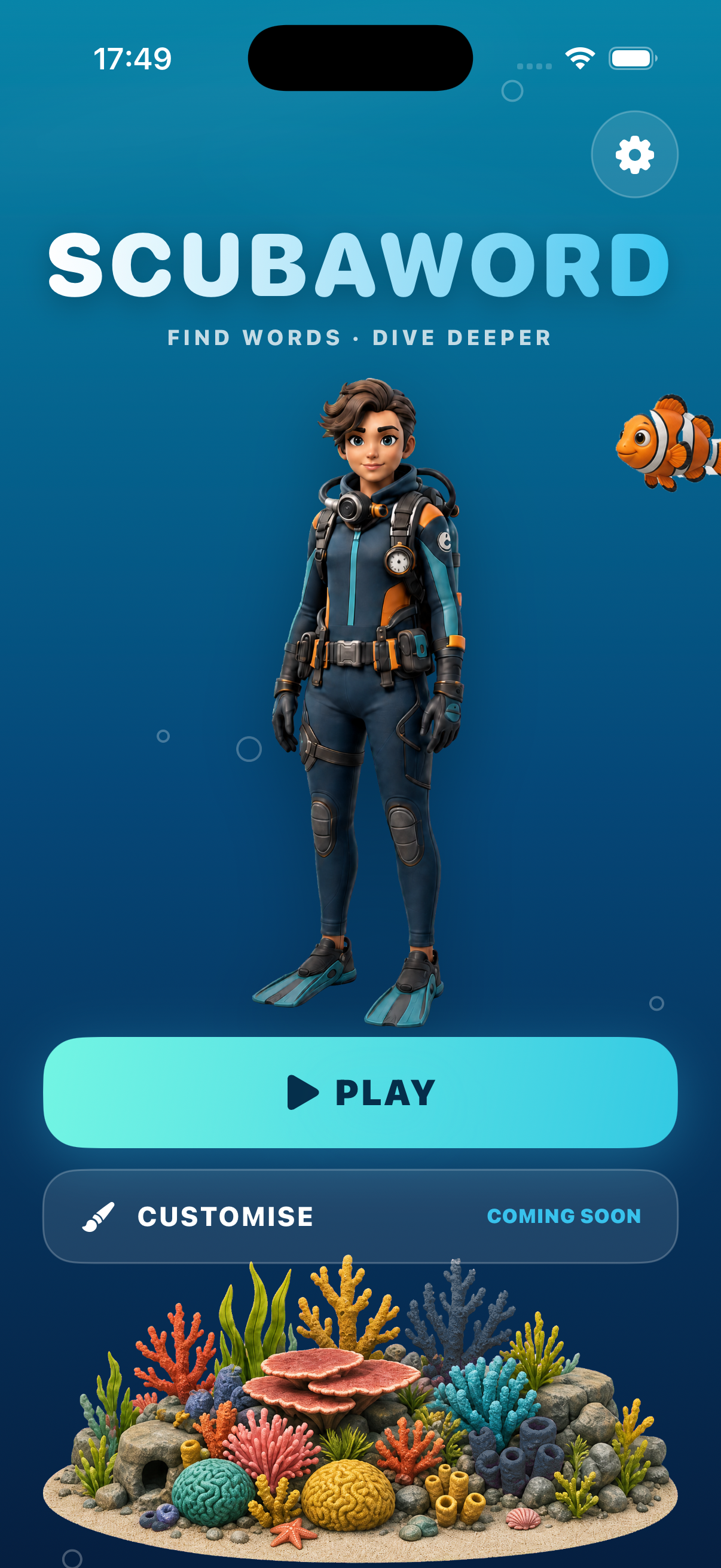 Final underwater home screen with a naturally proportioned reef below the actions