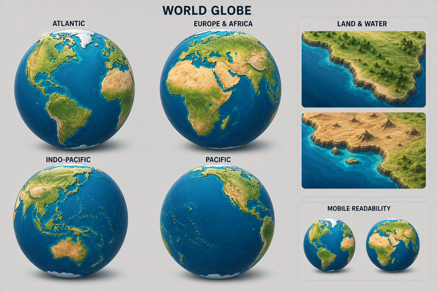 Illustrated world globe reference board showing four recognisable rotations and two land-and-water material studies.