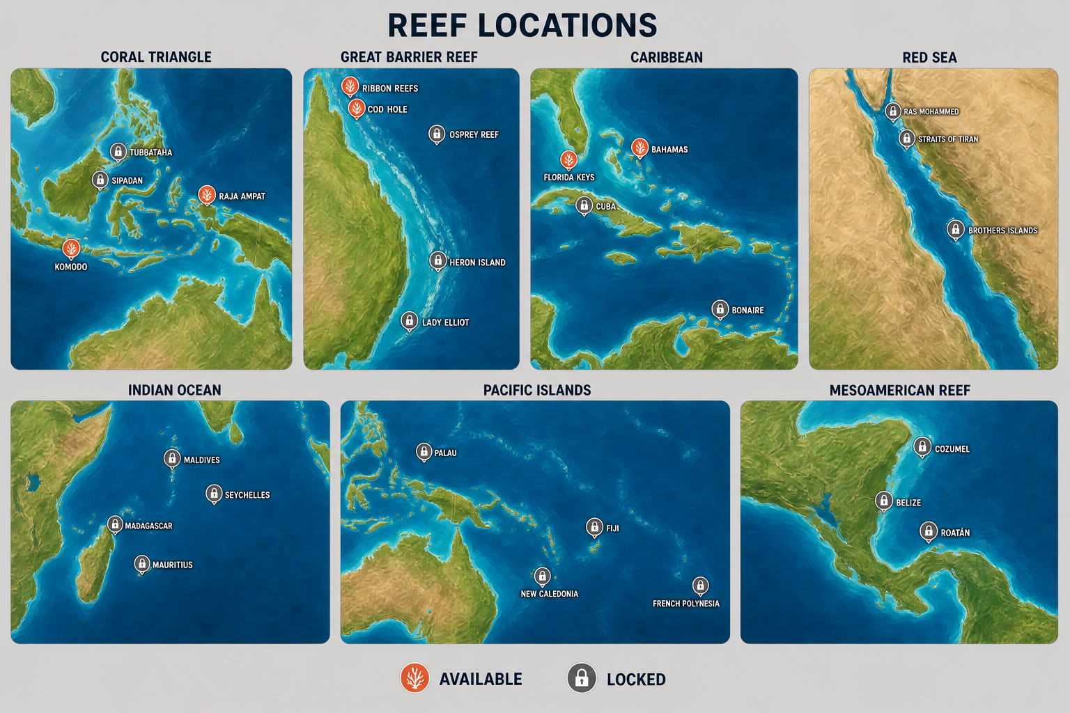 Corrected illustrated regional reef-locations board with seven regions and revised destination markers.