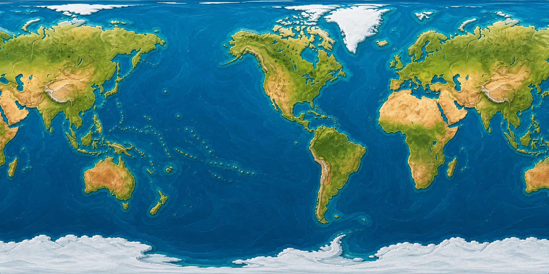 Initial illustrated equirectangular globe texture with repeated geography visible at the horizontal edges.