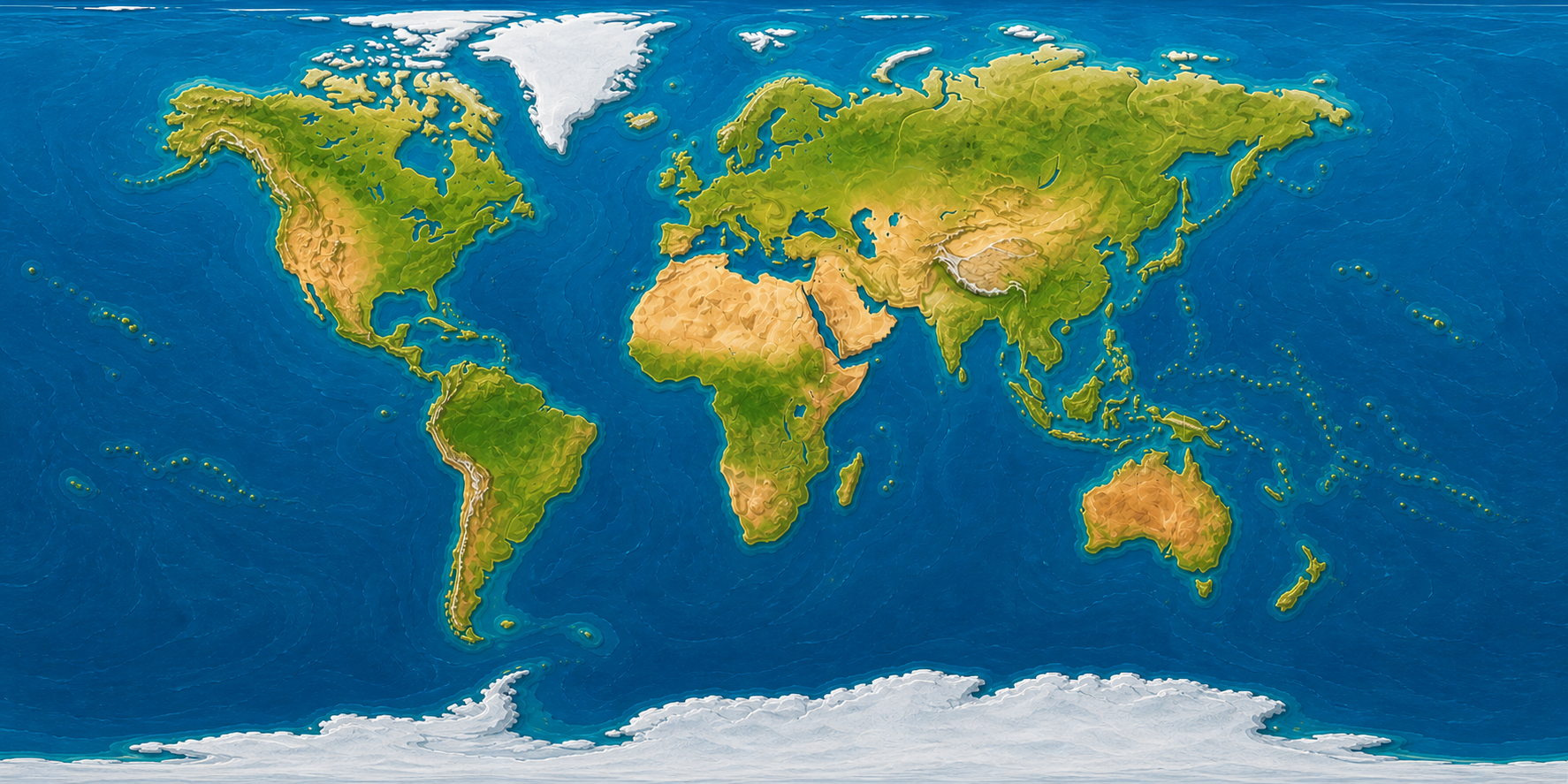 Corrected illustrated two-to-one world texture with one complete set of continents and open-ocean wrapping edges.
