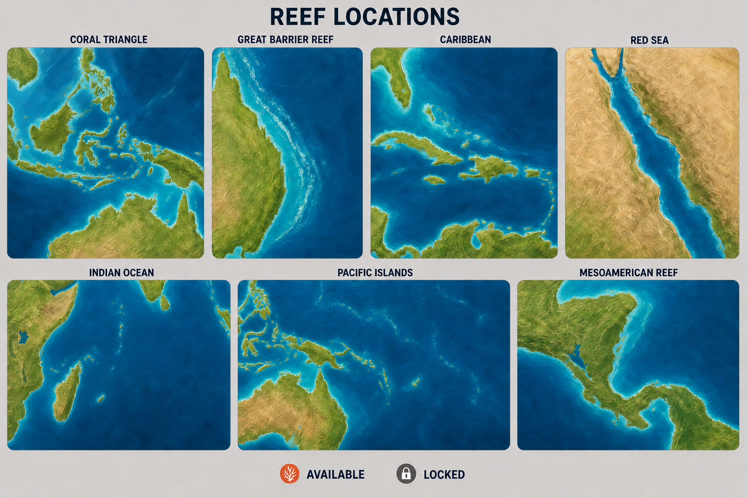 Seven-panel illustrated reef-region map board with regional geography preserved and all dive-site labels and pins removed.