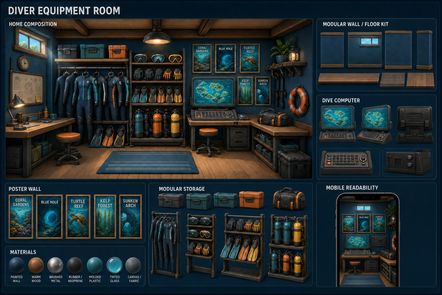 Early equipment-room visual-development reference sheet