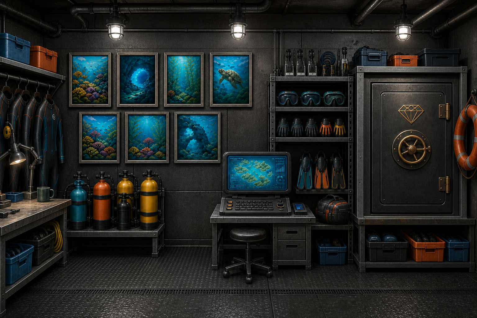 Wide functional dive-base equipment room