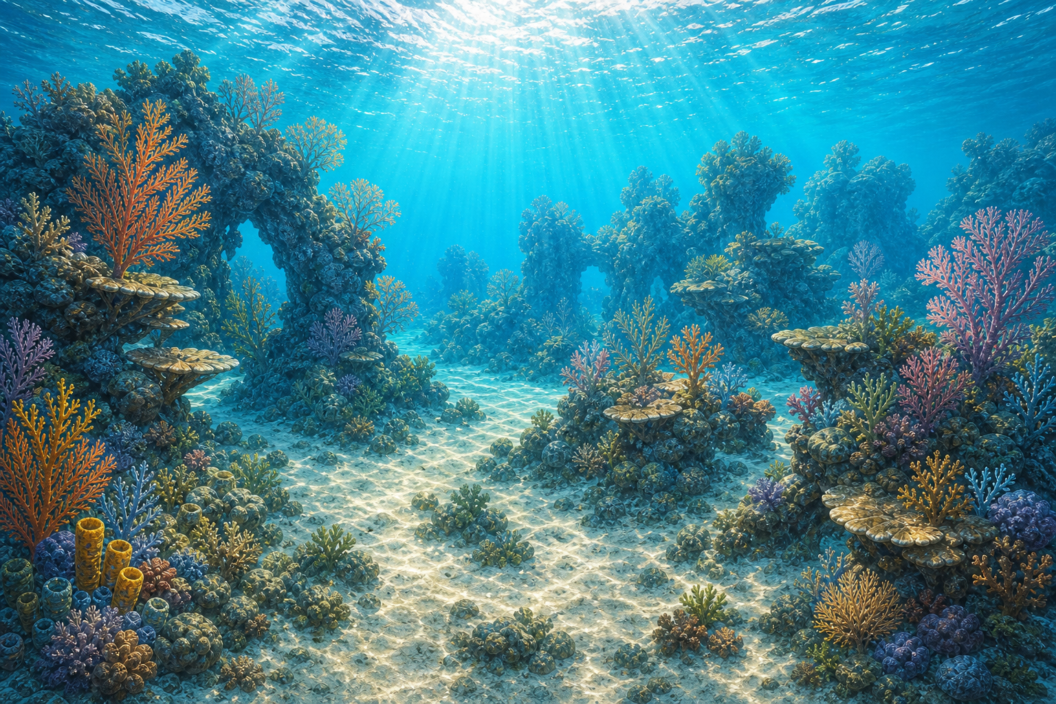 Wide bright Coral Triangle reef panorama