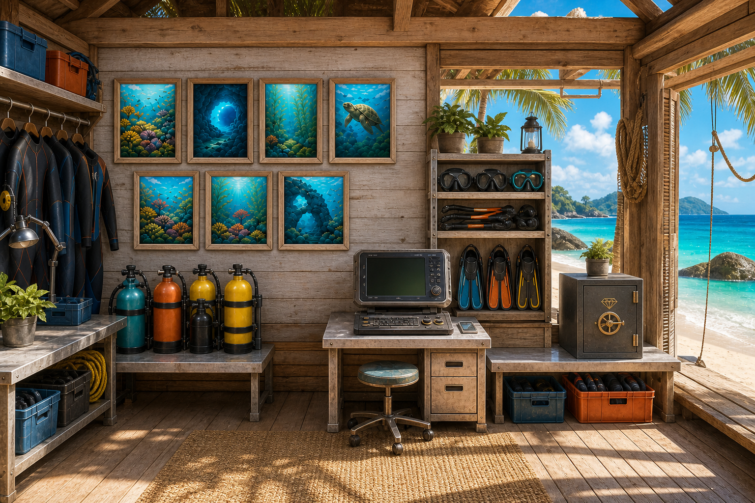 Bright tropical dive-shack equipment room