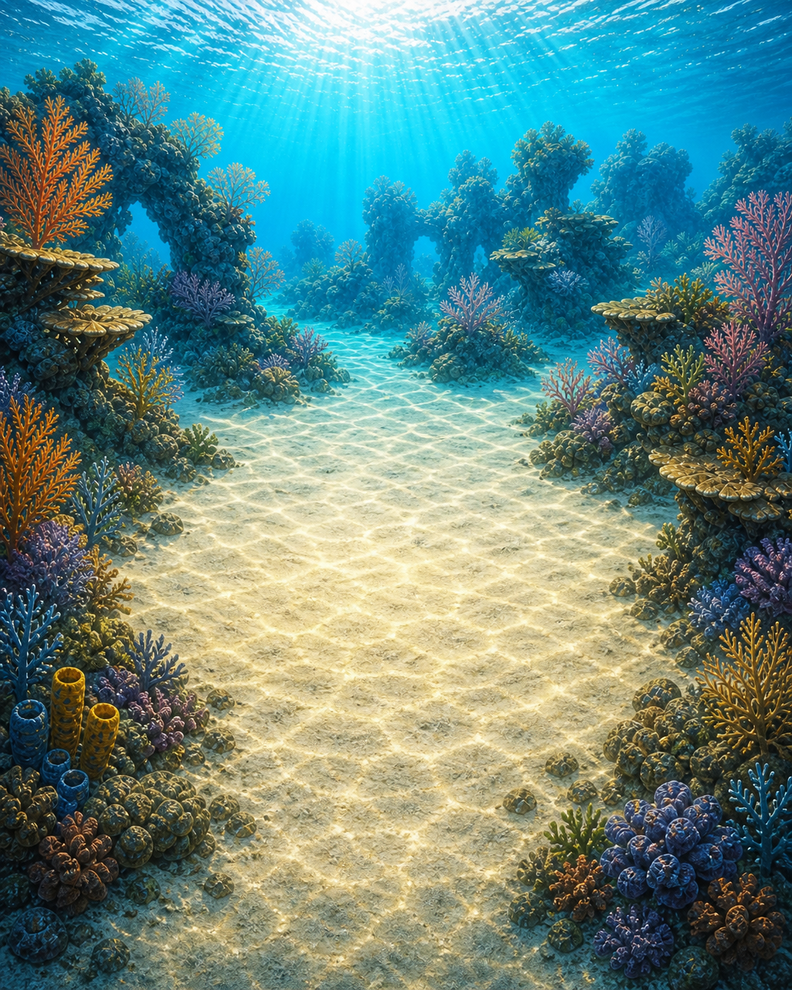 Bright sandy underwater seabed framed by coral
