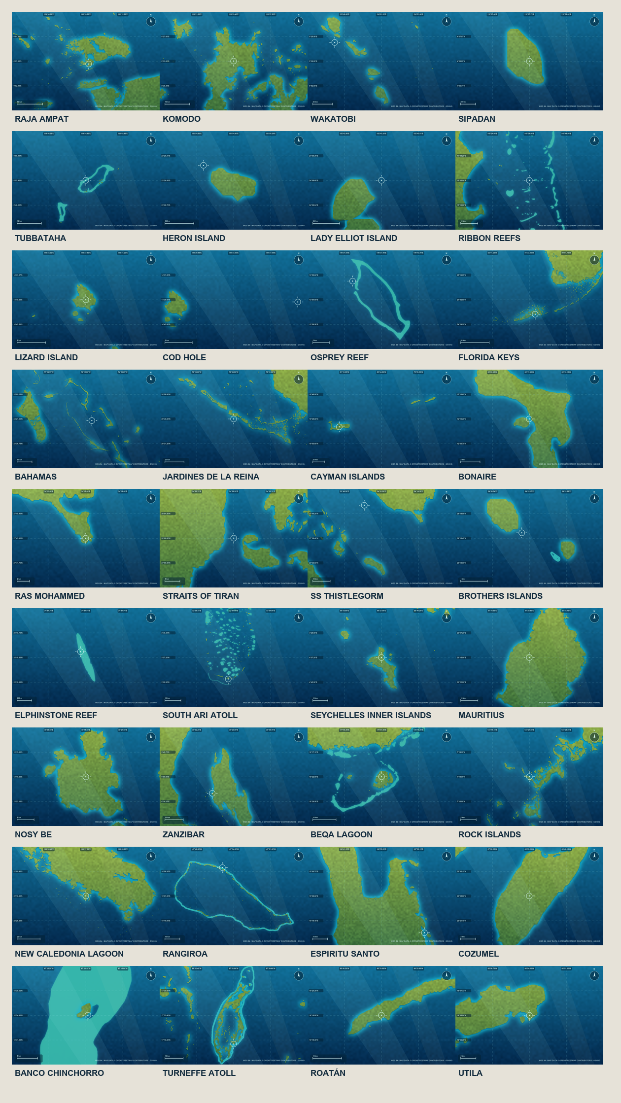Reference sheet of 36 feature-scale dive-site charts
