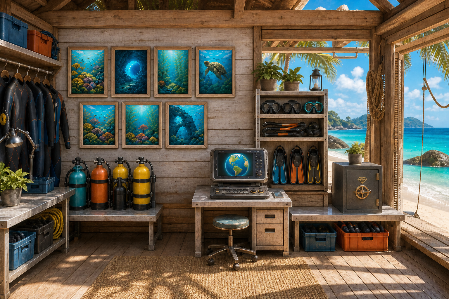 Bright illustrated diving equipment room with a globe displayed on the computer monitor