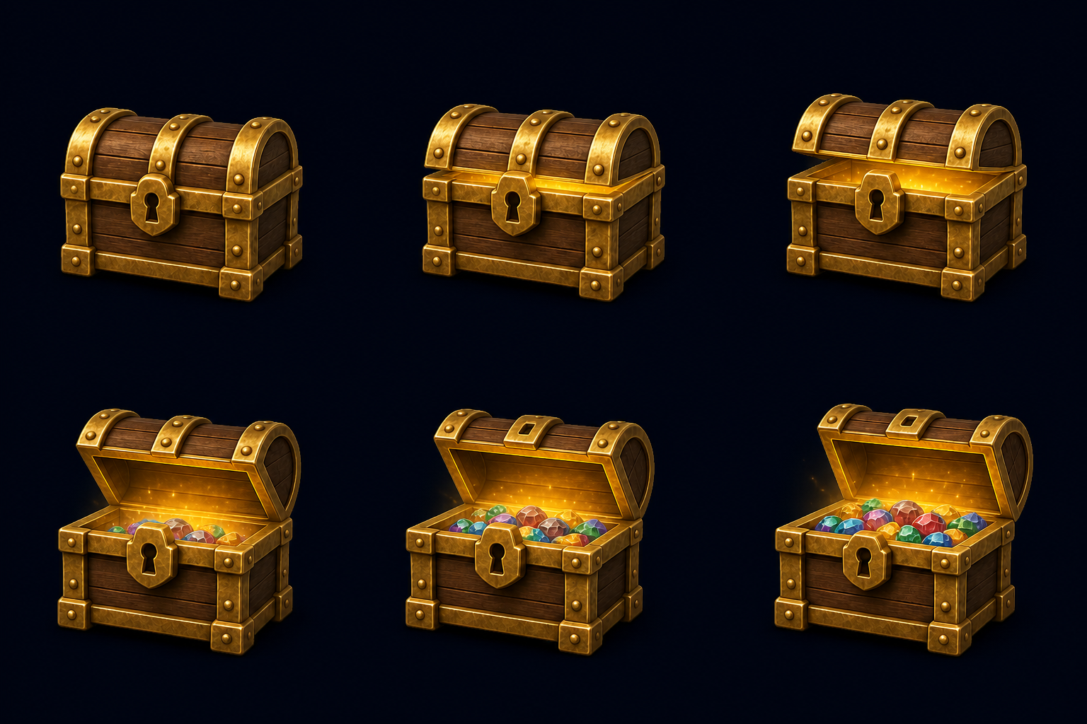 Six-stage concept showing a wooden treasure chest opening and filling with colourful gems