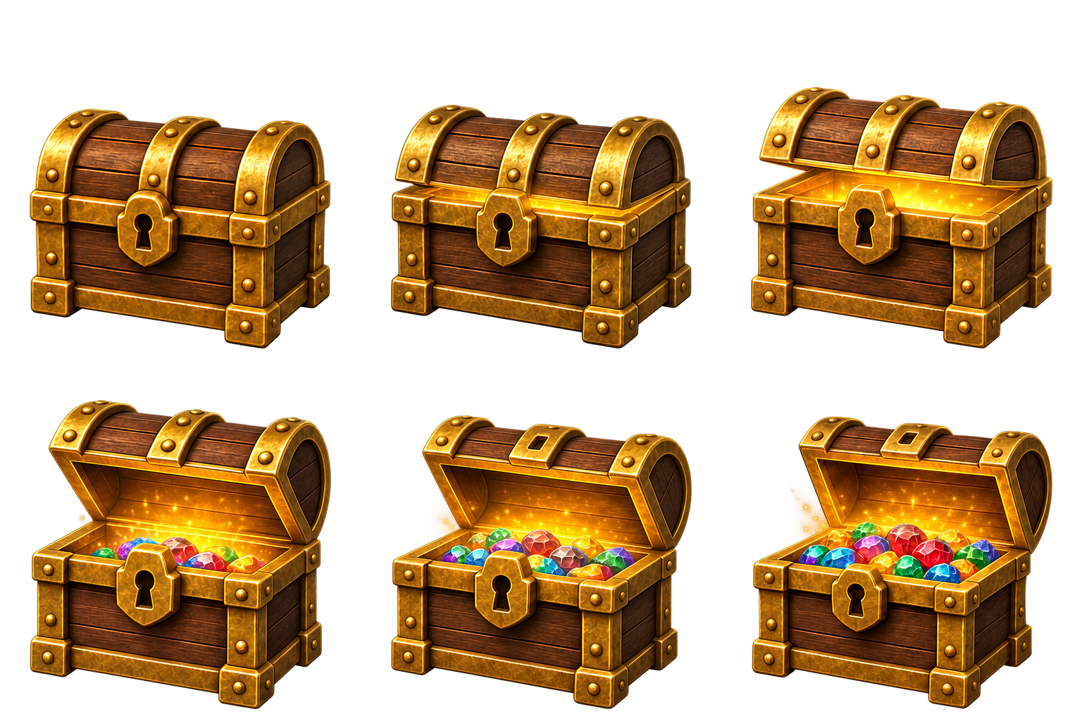Transparent production sheet containing six aligned treasure chest opening frames
