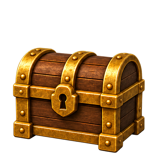 Closed wooden treasure chest with gold trim on a transparent background