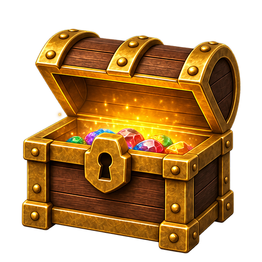 Half-open treasure chest revealing its first colourful gemstones