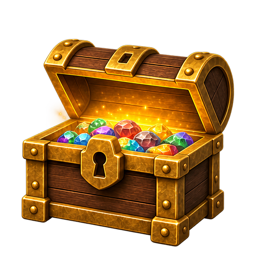 Mostly open treasure chest with bright light and many colourful gems