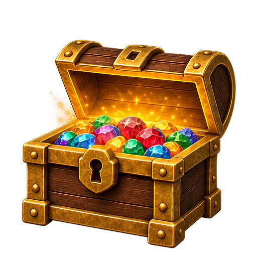 Fully open treasure chest filled with bright multicoloured gems