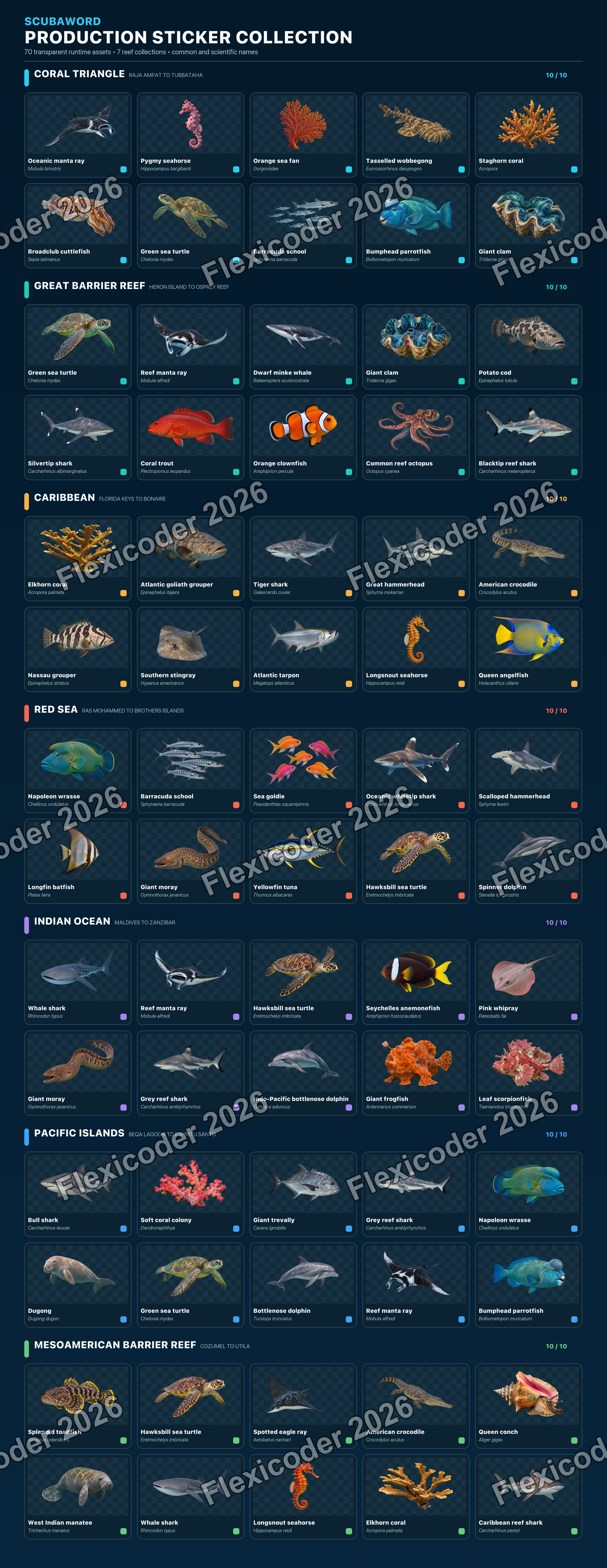 Reference sheet showing all seventy production marine-life stickers grouped across seven reef collections