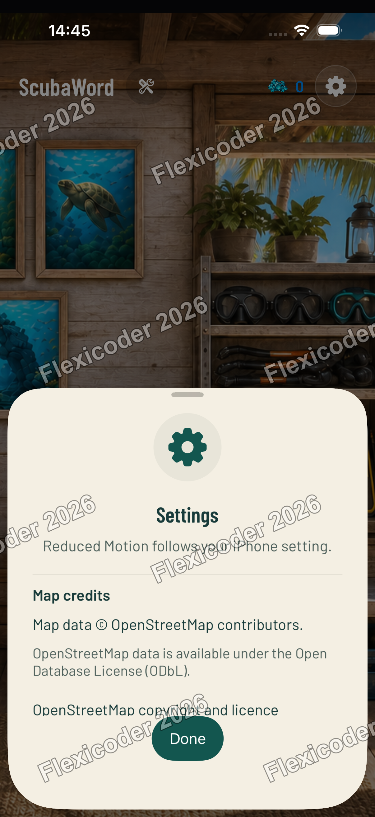 Native settings sheet with map credits