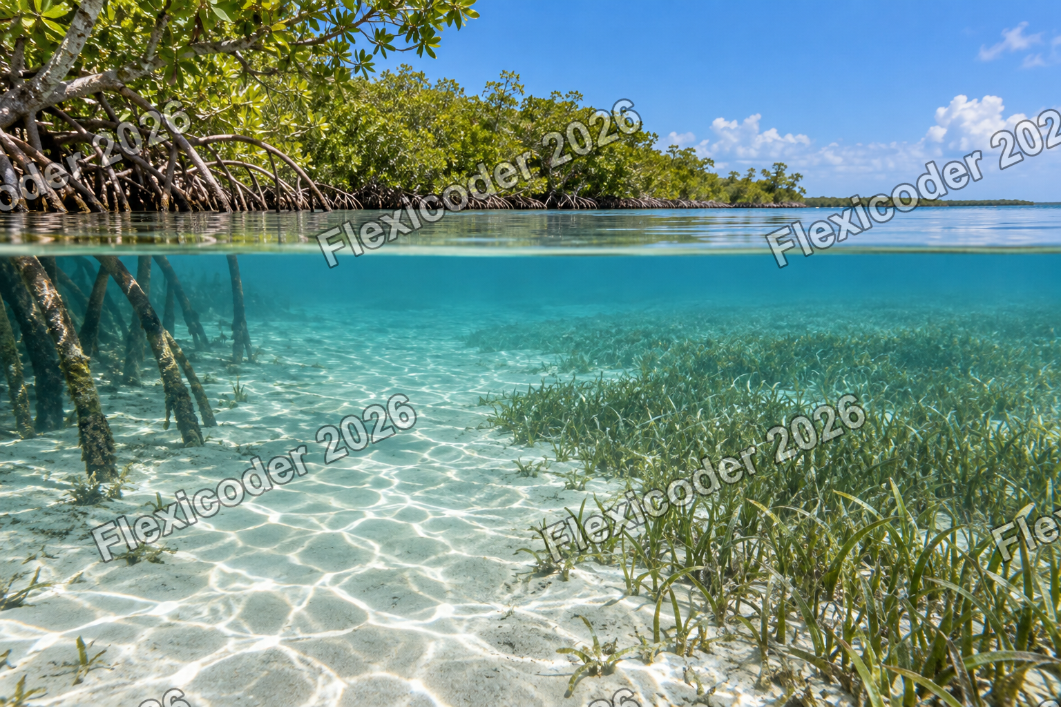 Split-level mangrove lagoon with clear shallows and seagrass