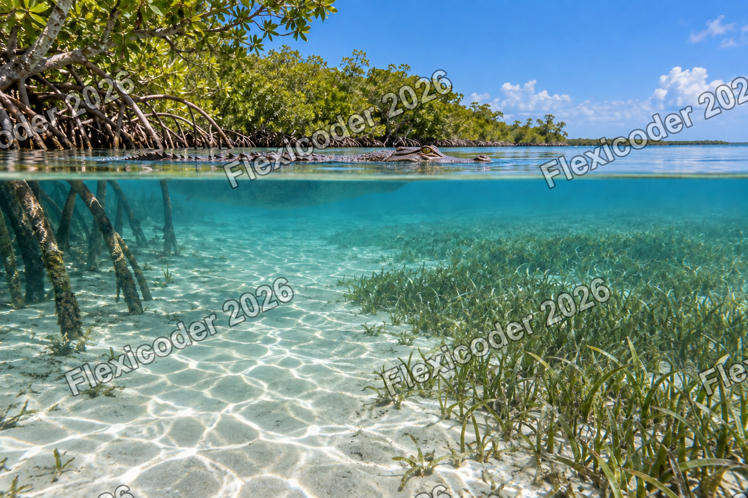 Crocodile swimming naturally across a mangrove lagoon waterline
