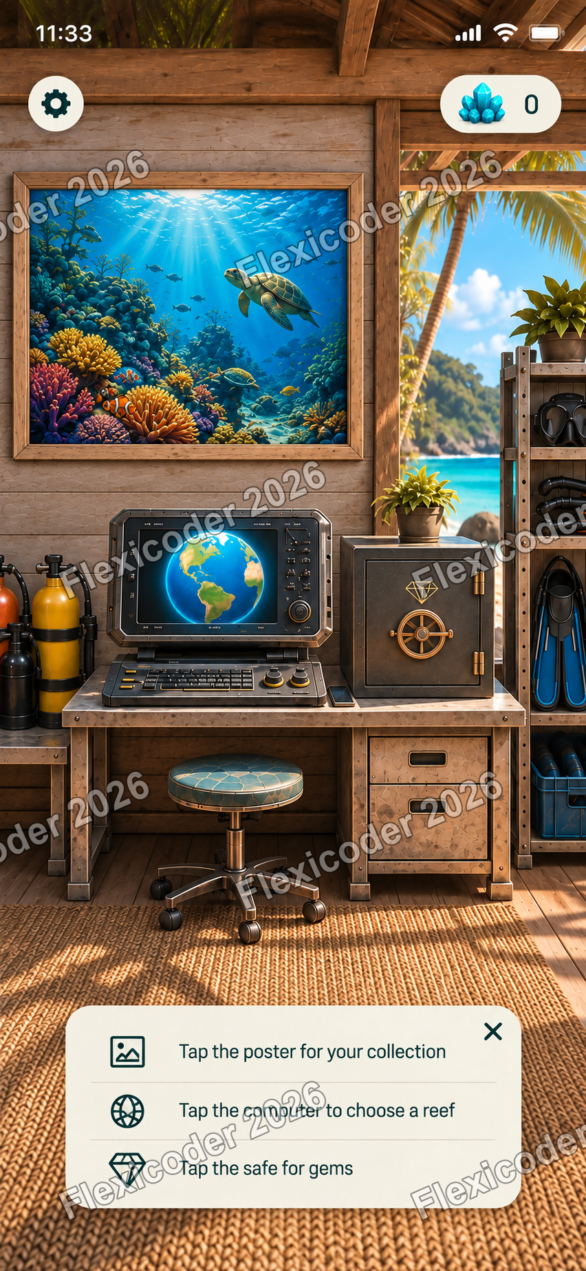 Phone view of an equipment room with poster, computer and safe
