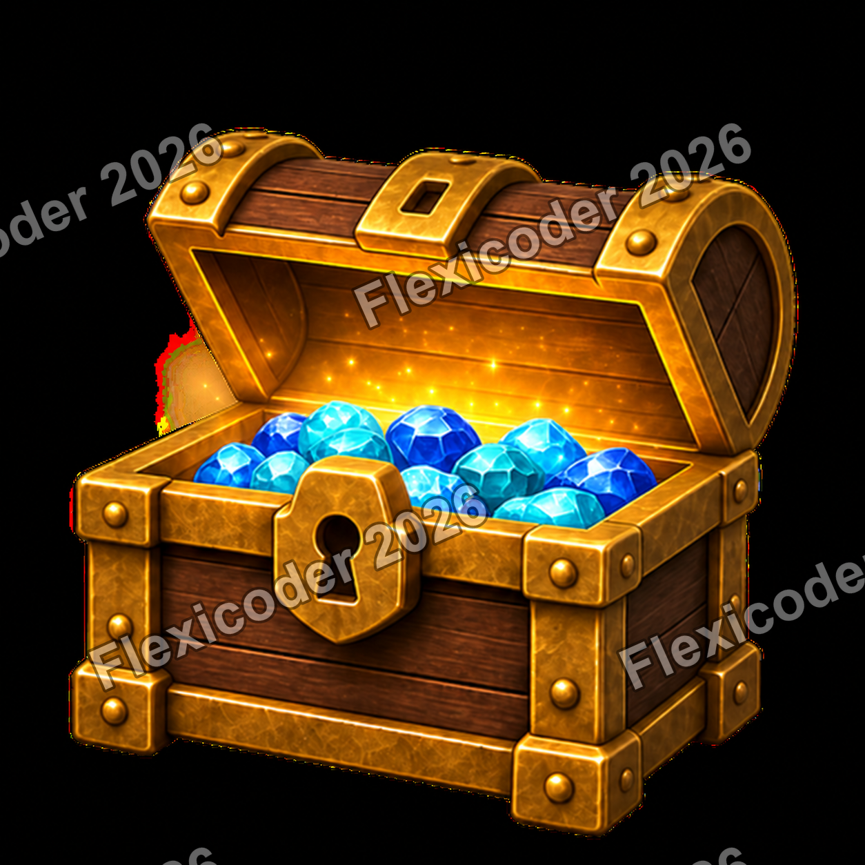Open wooden treasure chest filled with cyan and blue gems