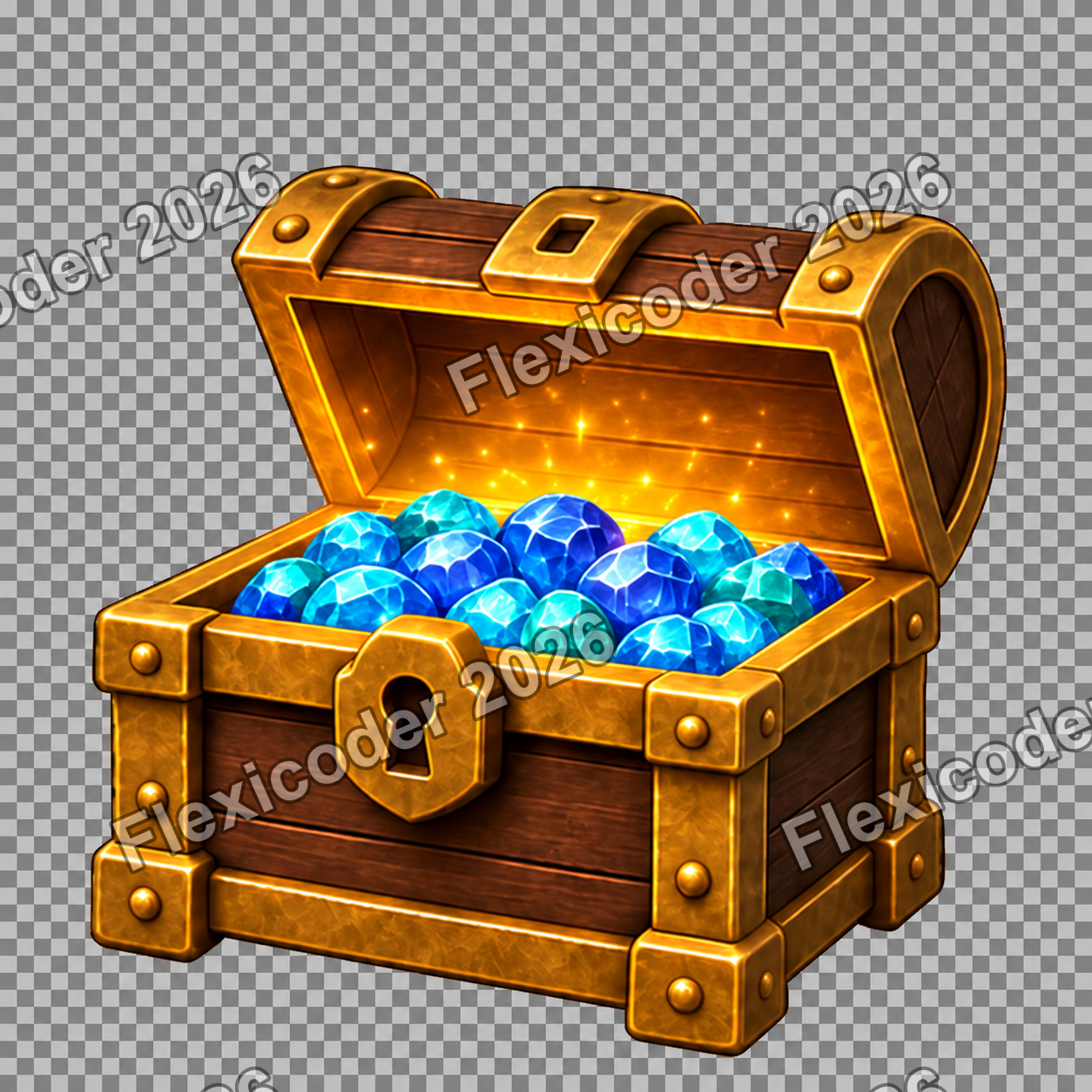 Open treasure chest with bright blue gems and visible checkerboard