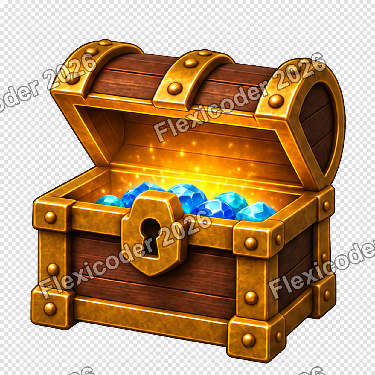 Open treasure chest with fewer blue gems and visible checkerboard
