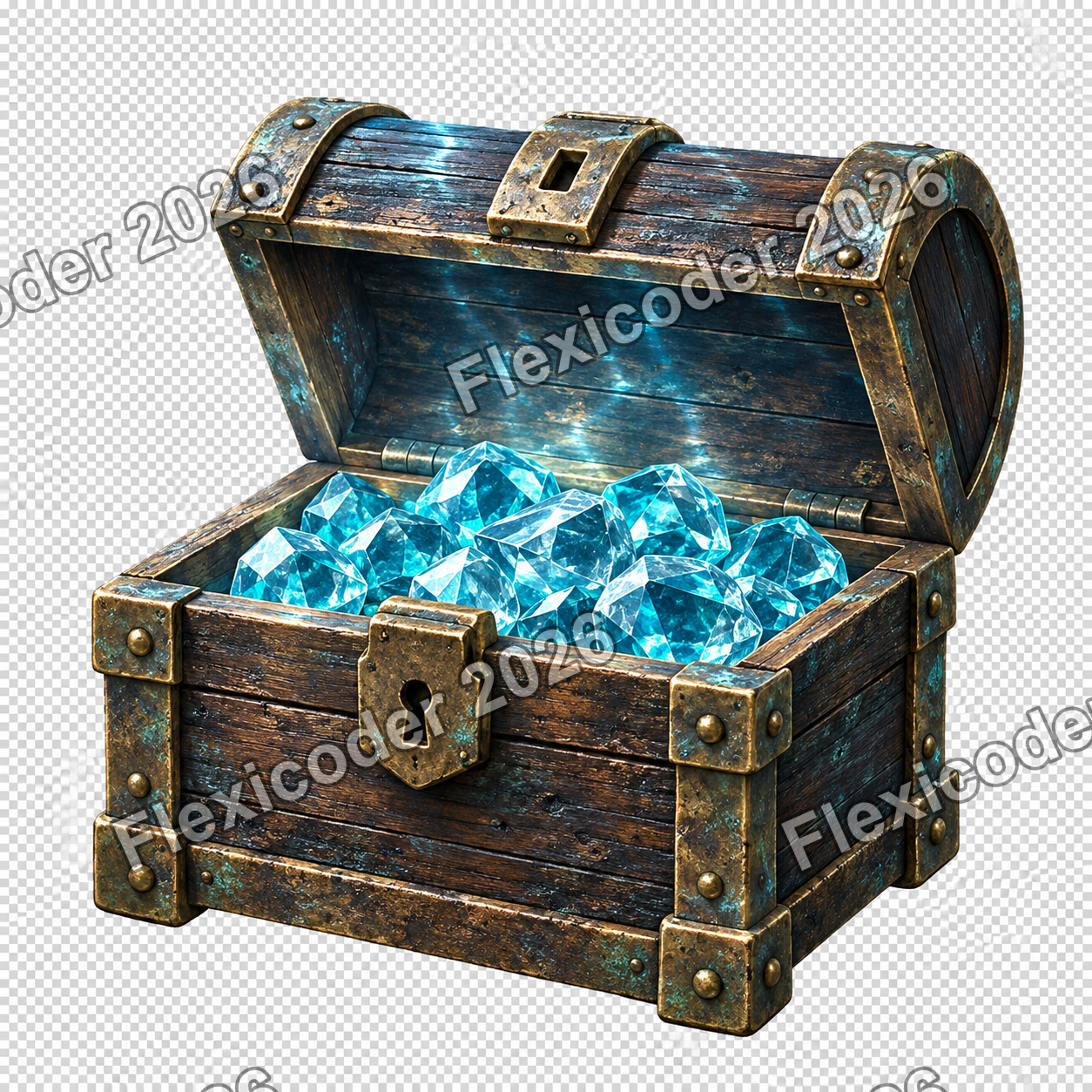 Weathered dark timber treasure chest with aged bronze and blue gems