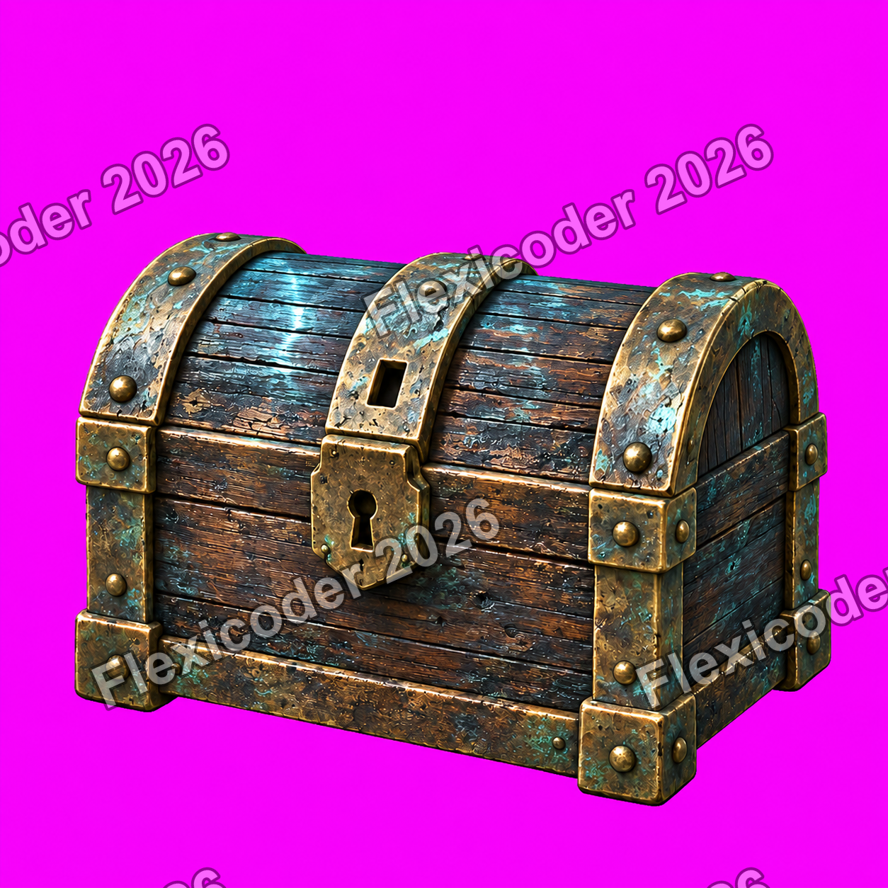 Closed weathered treasure chest on a magenta key background