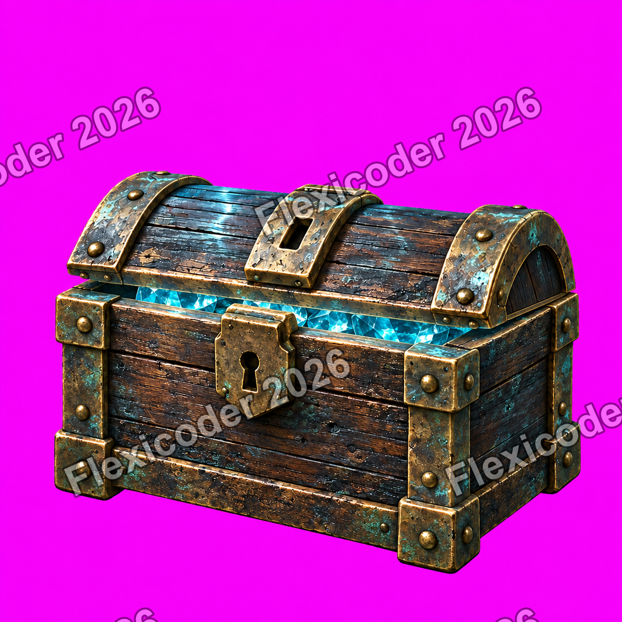 Treasure chest lid barely open on a magenta key background