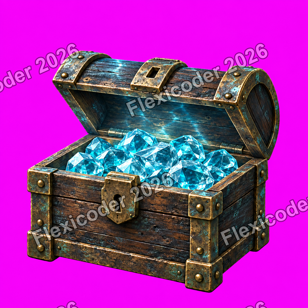 Treasure chest almost fully open with bright blue gems