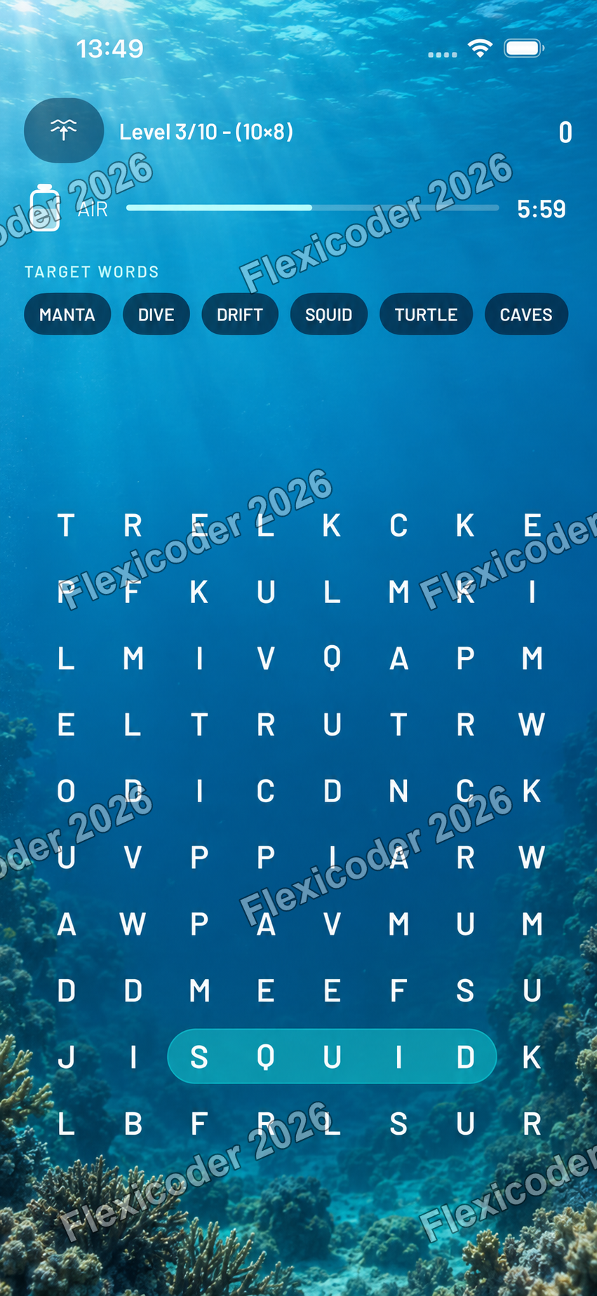 Wordgrid gameplay over a clear sunlit reef descent