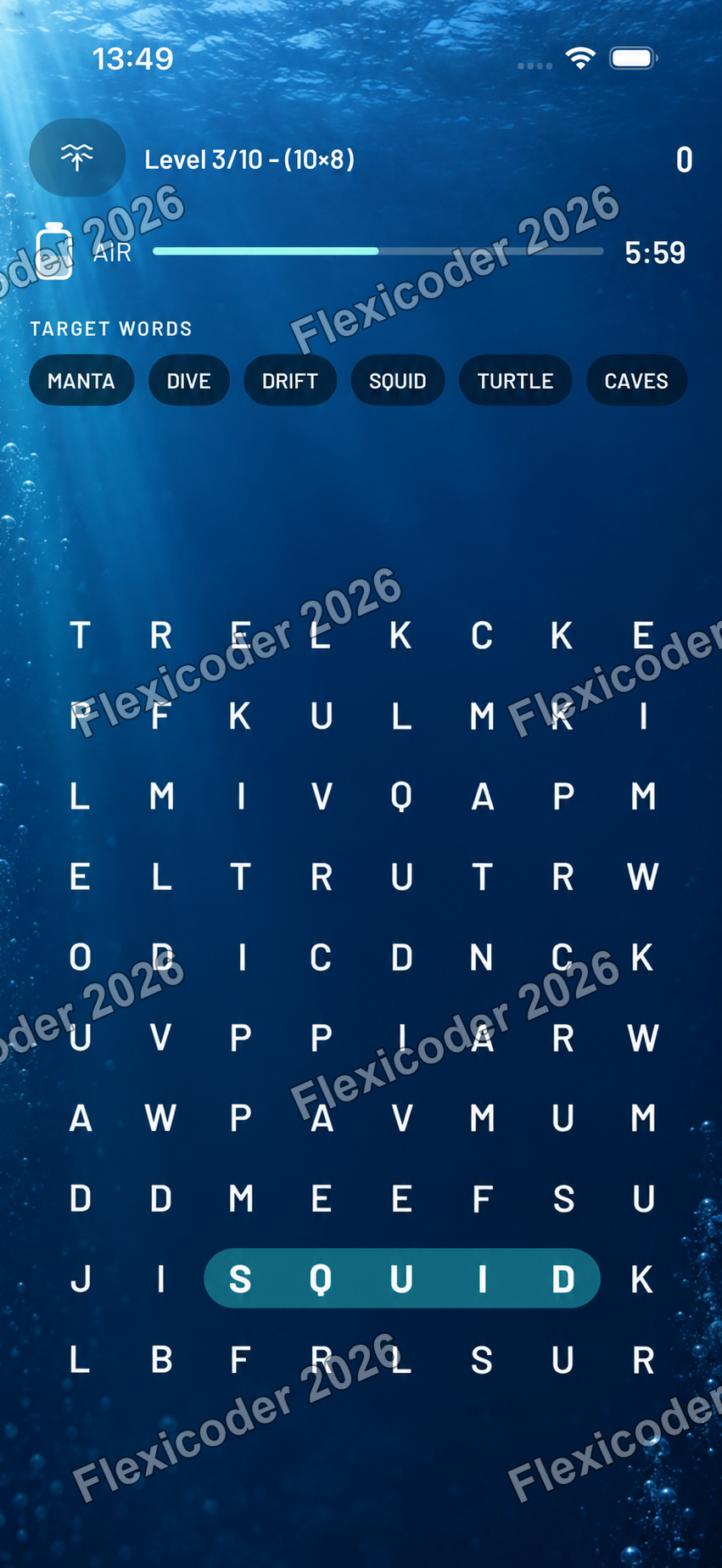 Wordgrid gameplay descending into deep open blue water