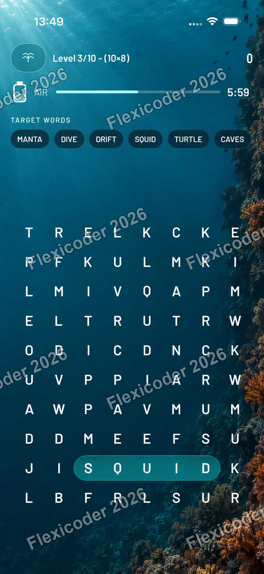Wordgrid gameplay beside a steep coral wall